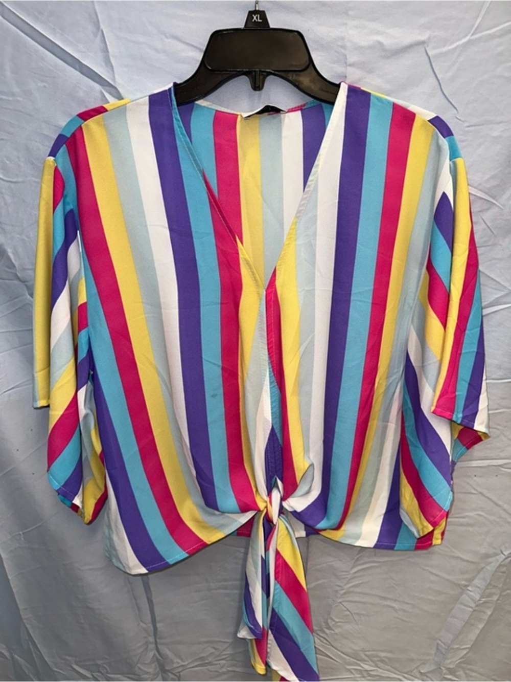 Adrienne Bright Multi-Stripe Tie-Front Blouse